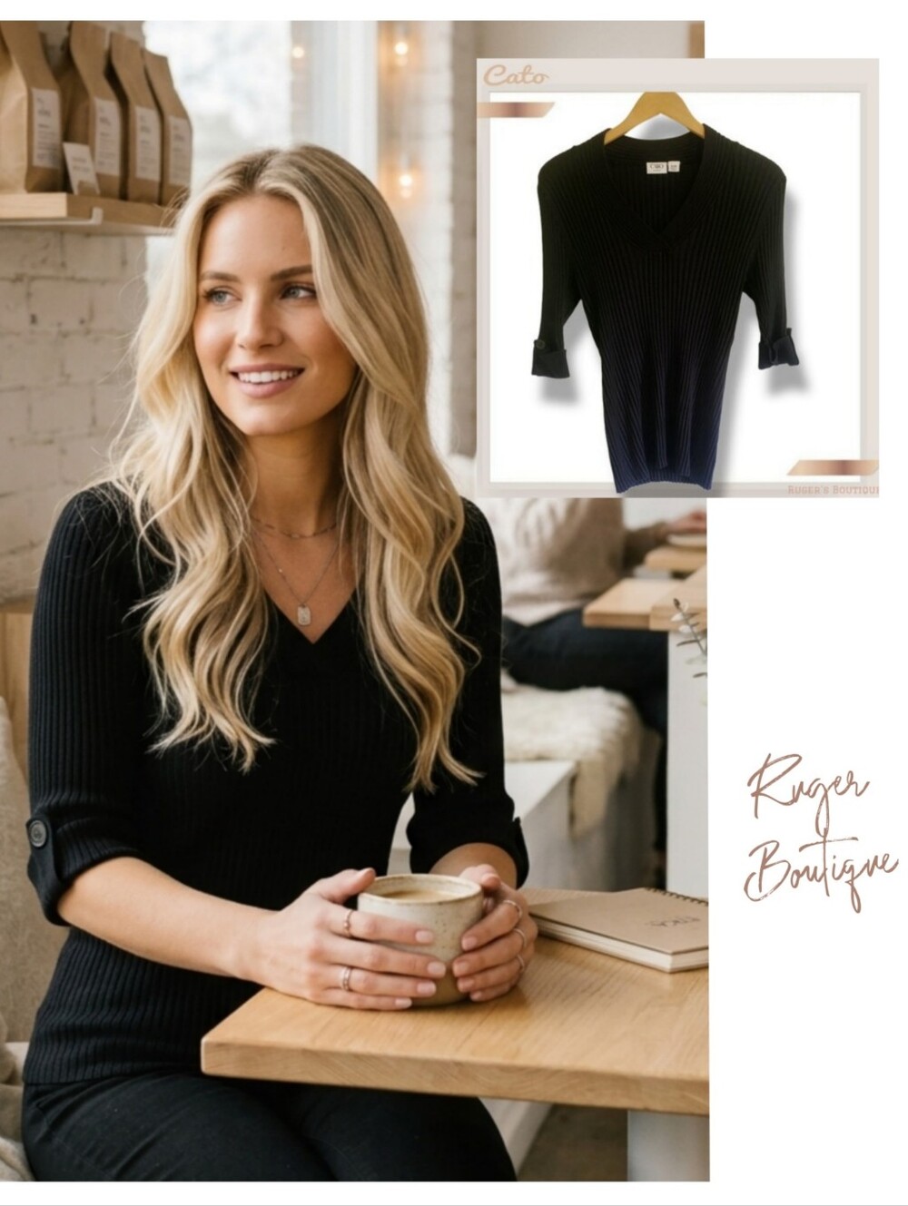 🌿Cato Black Ribbed V-Neck Top Knit 3/4 Sleeve Shirt M/L